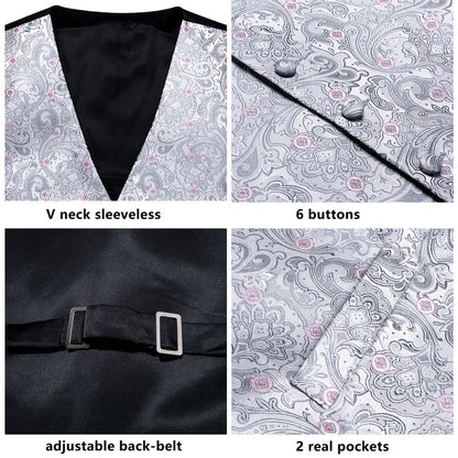 Silver Grey Paisley Floral Jacquard Silk Vest Set vest set    - Sophisticated Gentlemen