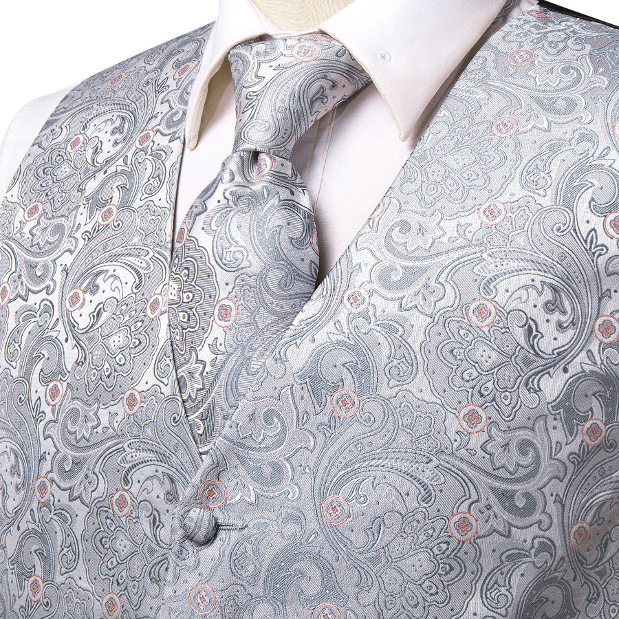 Silver Grey Paisley Floral Jacquard Silk Vest Set vest set    - Sophisticated Gentlemen