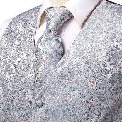 Silver Grey Paisley Floral Jacquard Silk Vest Set vest set    - Sophisticated Gentlemen