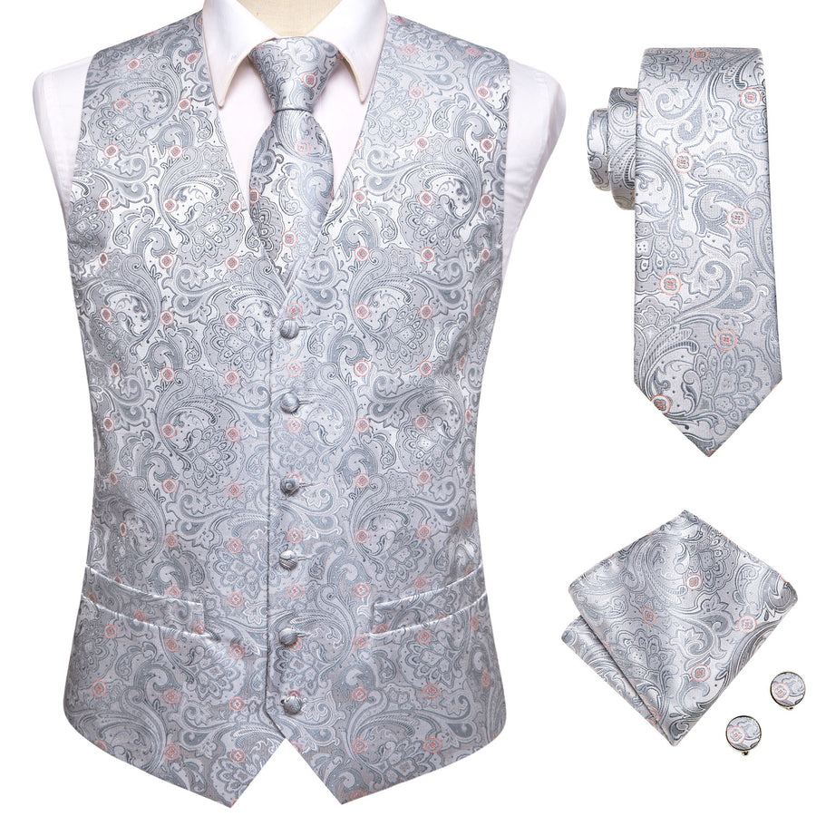 Silver Grey Paisley Floral Jacquard Silk Vest Set vest set    - Sophisticated Gentlemen