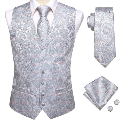 Silver Grey Paisley Floral Jacquard Silk Vest Set vest set    - Sophisticated Gentlemen