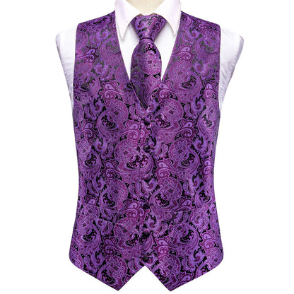 Dark Purple Paisley Jacquard Silk Vest Set vest set    - Sophisticated Gentlemen