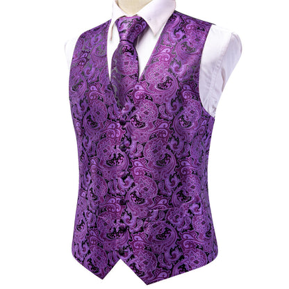 Dark Purple Paisley Jacquard Silk Vest Set vest set    - Sophisticated Gentlemen