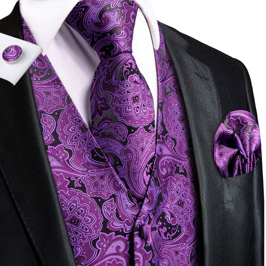 Dark Purple Paisley Jacquard Silk Vest Set vest set S (Chest 40")   - Sophisticated Gentlemen