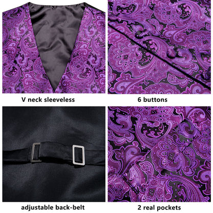 Dark Purple Paisley Jacquard Silk Vest Set vest set    - Sophisticated Gentlemen