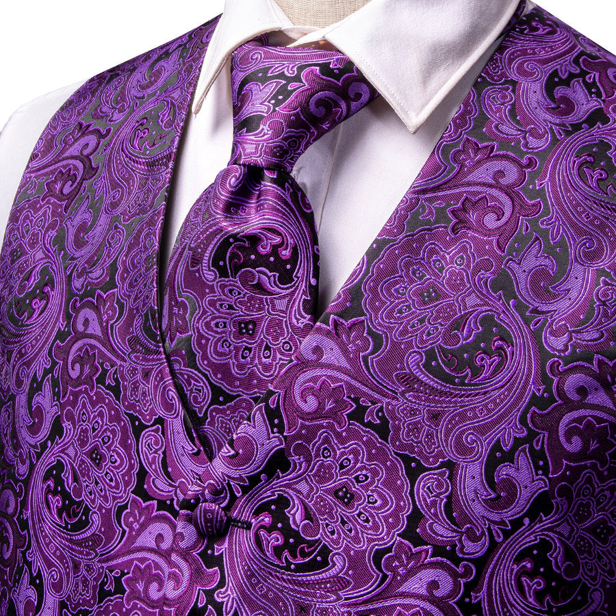 Dark Purple Paisley Jacquard Silk Vest Set vest set    - Sophisticated Gentlemen