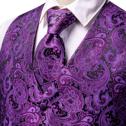 Dark Purple Paisley Jacquard Silk Vest Set vest set    - Sophisticated Gentlemen