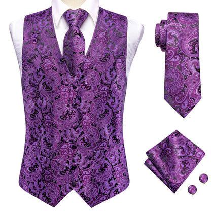 Dark Purple Paisley Jacquard Silk Vest Set vest set    - Sophisticated Gentlemen