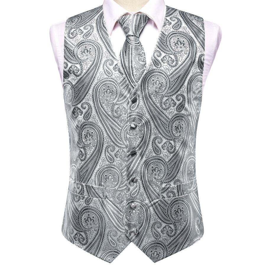 Silver Gray Paisley Jacquard Silk Vest Set vest set    - Sophisticated Gentlemen
