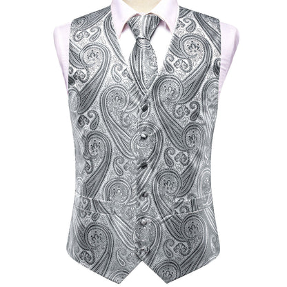 Silver Gray Paisley Jacquard Silk Vest Set vest set    - Sophisticated Gentlemen