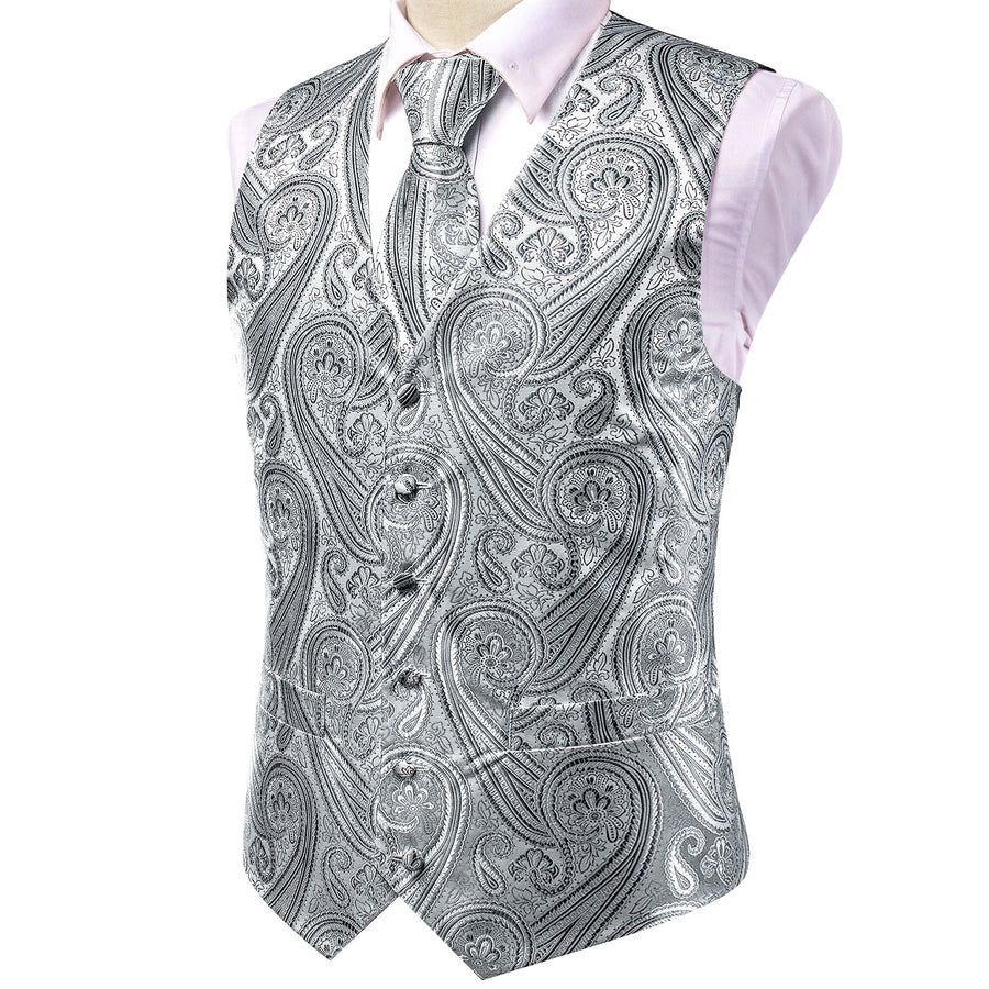 Silver Gray Paisley Jacquard Silk Vest Set vest set    - Sophisticated Gentlemen