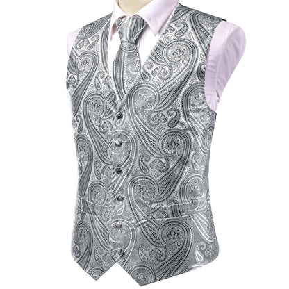 Silver Gray Paisley Jacquard Silk Vest Set vest set    - Sophisticated Gentlemen
