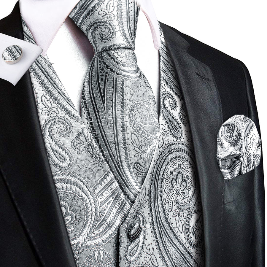 Silver Gray Paisley Jacquard Silk Vest Set vest set S (Chest 40")   - Sophisticated Gentlemen