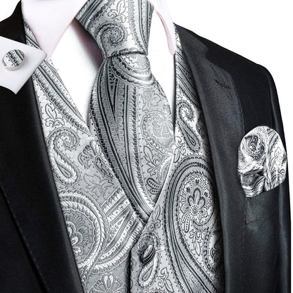Silver Gray Paisley Jacquard Silk Vest Set vest set S (Chest 40")   - Sophisticated Gentlemen
