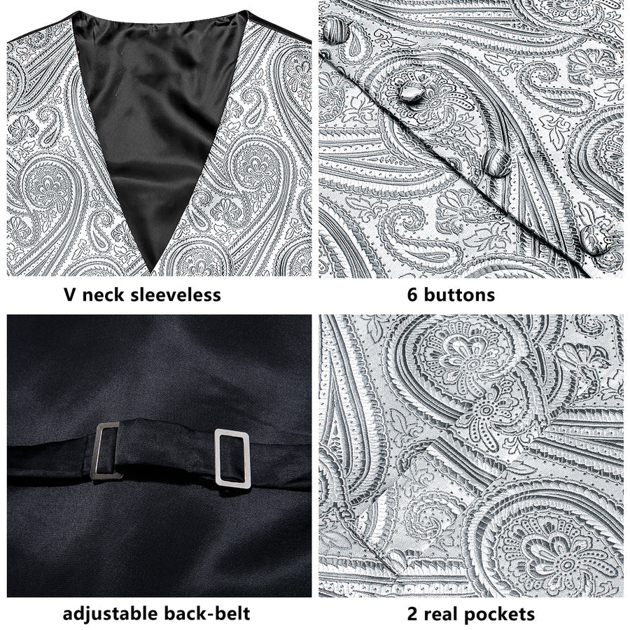 Silver Gray Paisley Jacquard Silk Vest Set vest set    - Sophisticated Gentlemen