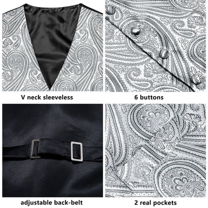 Silver Gray Paisley Jacquard Silk Vest Set vest set    - Sophisticated Gentlemen