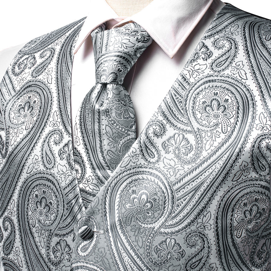 Silver Gray Paisley Jacquard Silk Vest Set vest set    - Sophisticated Gentlemen