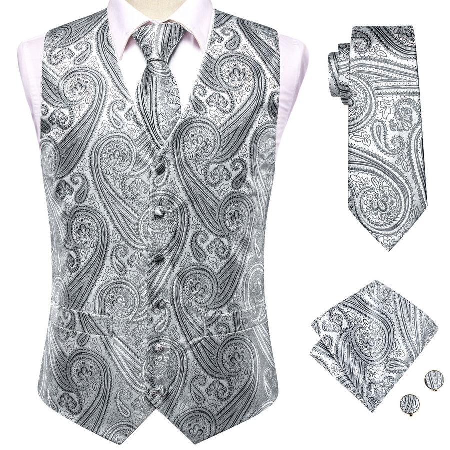 Silver Gray Paisley Jacquard Silk Vest Set vest set    - Sophisticated Gentlemen