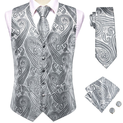 Silver Gray Paisley Jacquard Silk Vest Set vest set    - Sophisticated Gentlemen