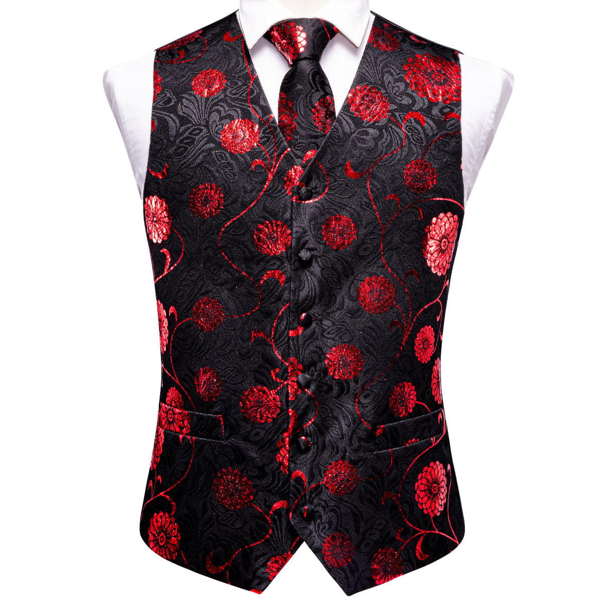 Black and Red Floral Vest Set vest set    - Sophisticated Gentlemen