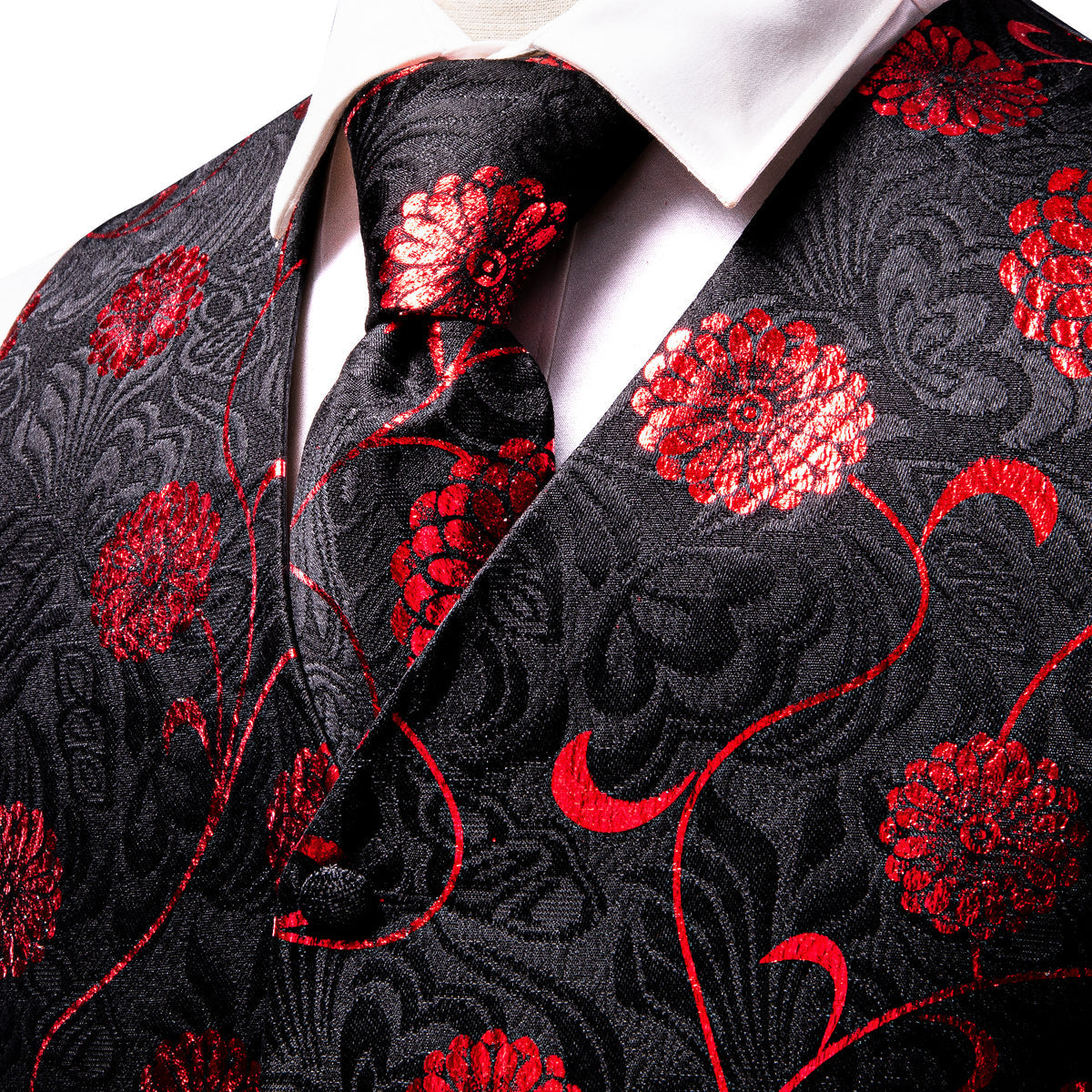 Black and Red Floral Vest Set vest set    - Sophisticated Gentlemen