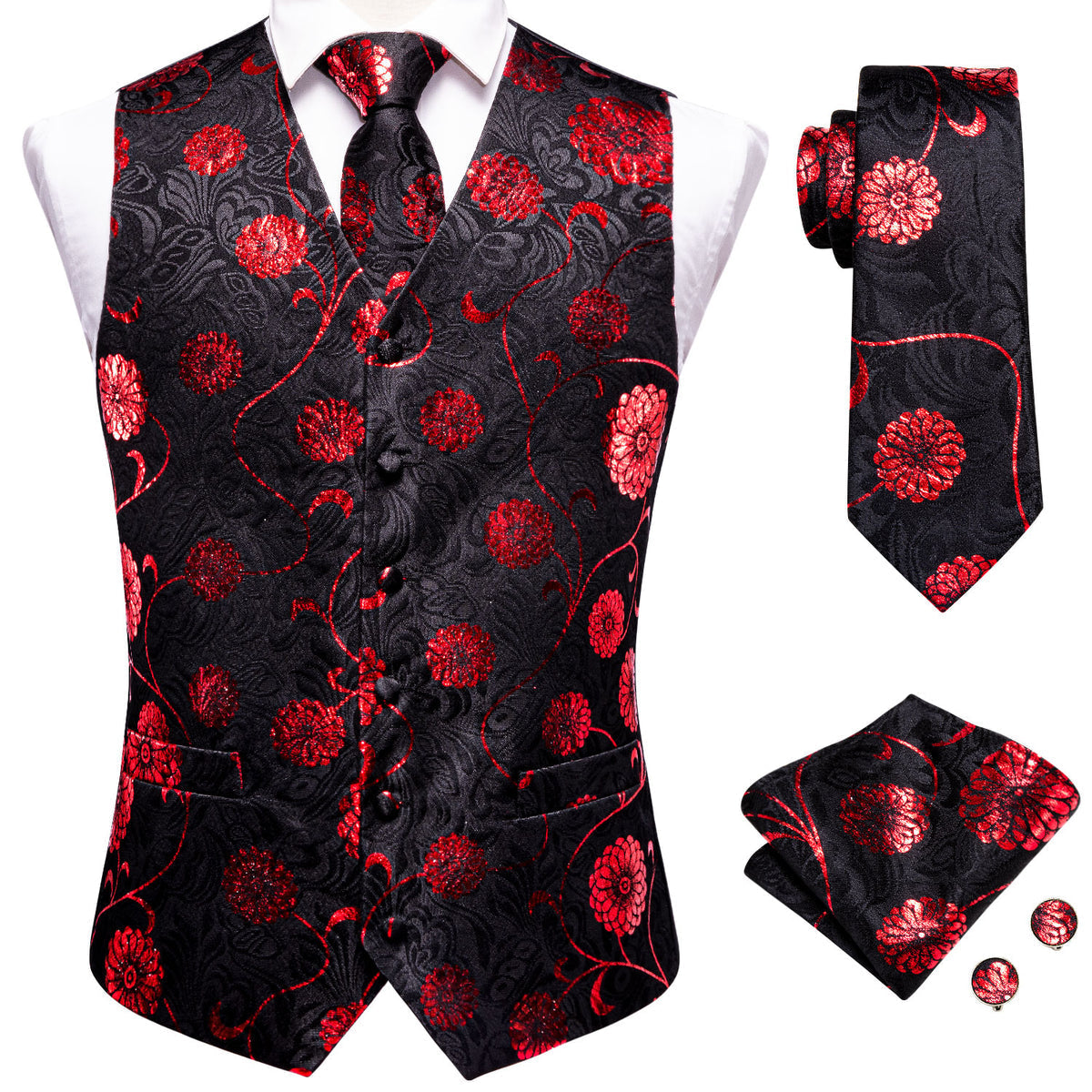 Black and Red Floral Vest Set vest set    - Sophisticated Gentlemen