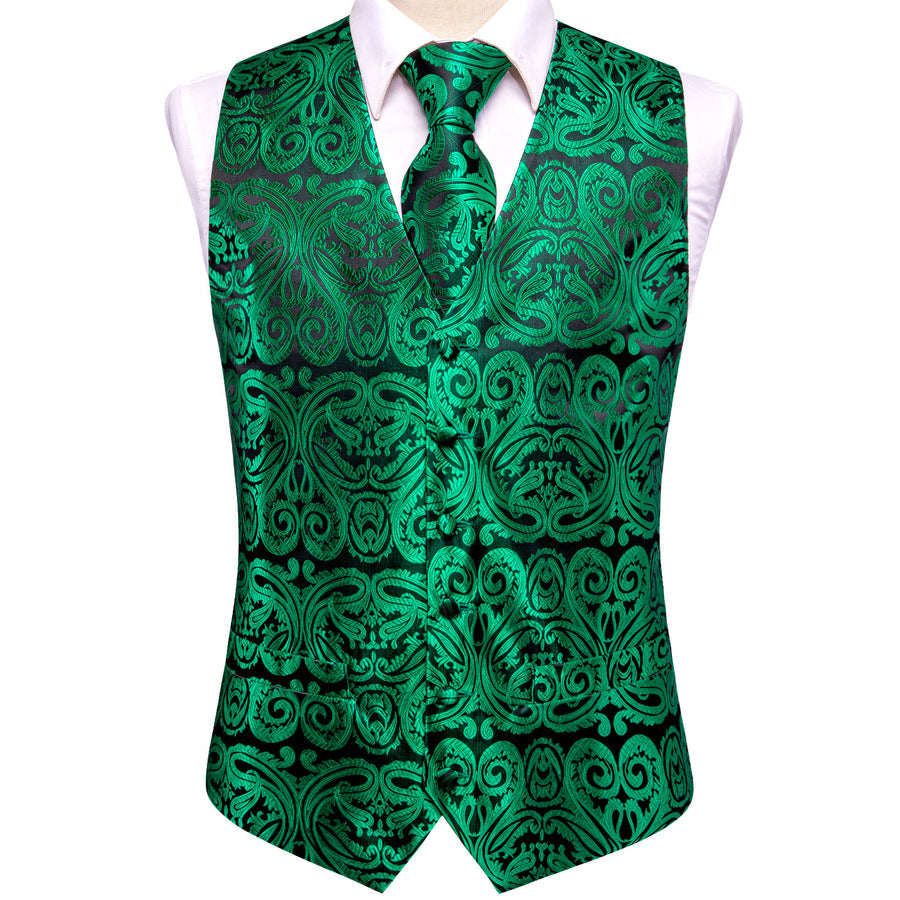 Dark Green Paisley Jacquard Silk Vest Set vest set    - Sophisticated Gentlemen