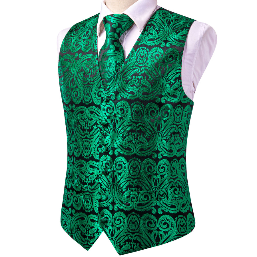 Dark Green Paisley Jacquard Silk Vest Set vest set    - Sophisticated Gentlemen