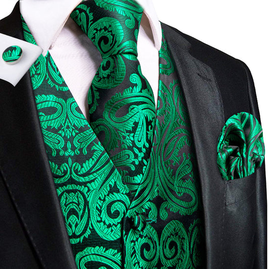 Dark Green Paisley Jacquard Silk Vest Set vest set S (Chest 40")   - Sophisticated Gentlemen