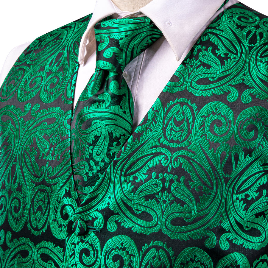 Dark Green Paisley Jacquard Silk Vest Set vest set    - Sophisticated Gentlemen