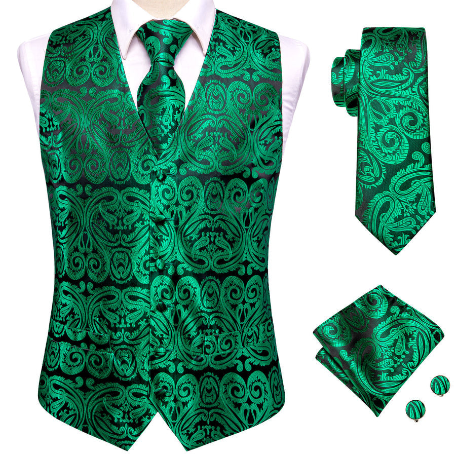 Dark Green Paisley Jacquard Silk Vest Set vest set    - Sophisticated Gentlemen