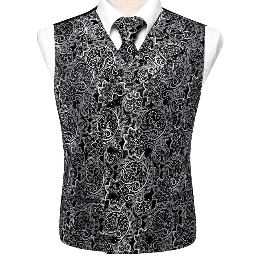 Black and White Paisley Jacquard Silk Vest Set vest set    - Sophisticated Gentlemen