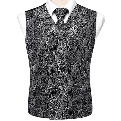 Black and White Paisley Jacquard Silk Vest Set vest set    - Sophisticated Gentlemen