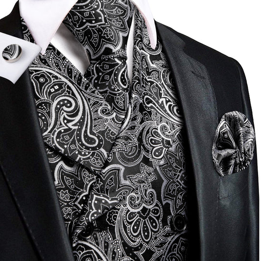 Black and White Paisley Jacquard Silk Vest Set vest set S (Chest 40")   - Sophisticated Gentlemen