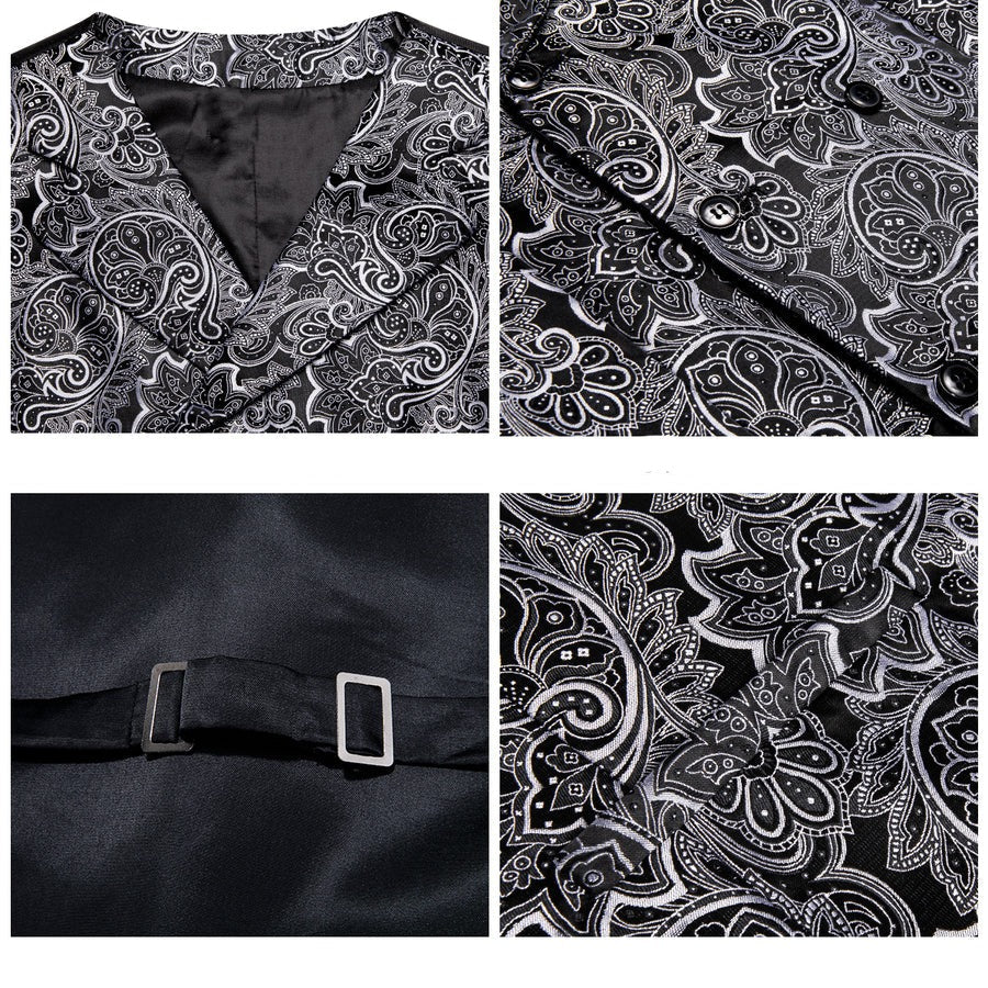 Black and White Paisley Jacquard Silk Vest Set vest set    - Sophisticated Gentlemen