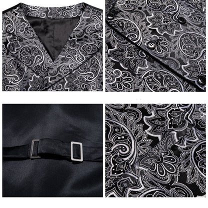 Black and White Paisley Jacquard Silk Vest Set vest set    - Sophisticated Gentlemen