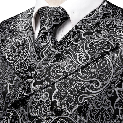 Black and White Paisley Jacquard Silk Vest Set vest set    - Sophisticated Gentlemen