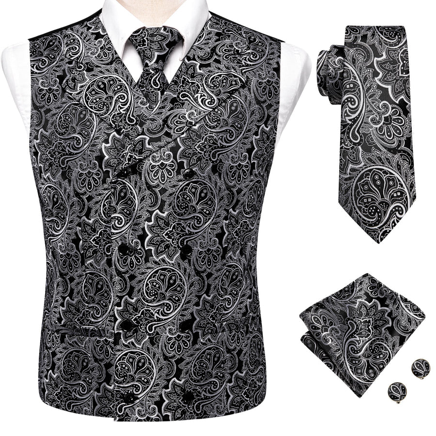 Black and White Paisley Jacquard Silk Vest Set vest set    - Sophisticated Gentlemen