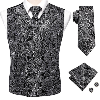 Black and White Paisley Jacquard Silk Vest Set vest set    - Sophisticated Gentlemen