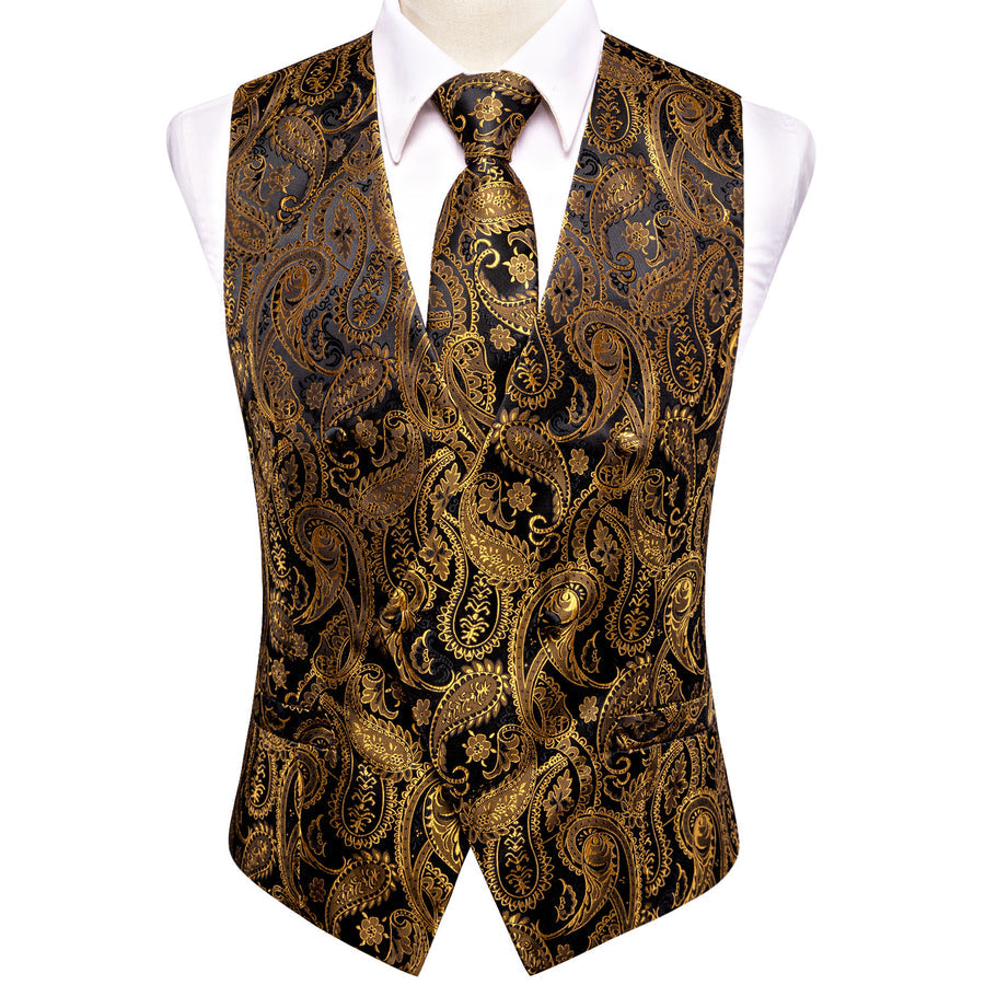 Black Golden Paisley Jacquard Silk Vest Set vest set    - Sophisticated Gentlemen