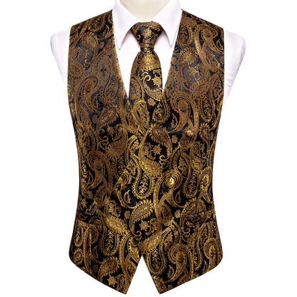 Black Golden Paisley Jacquard Silk Vest Set vest set    - Sophisticated Gentlemen