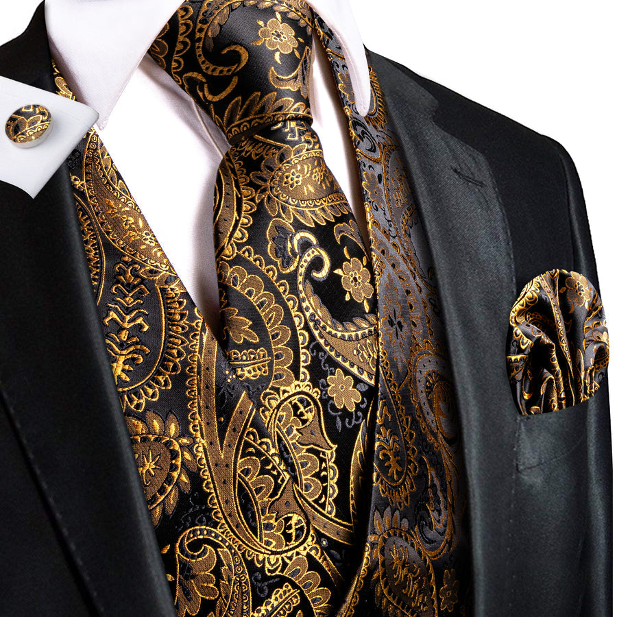 Black Golden Paisley Jacquard Silk Vest Set vest set S (Chest 40")   - Sophisticated Gentlemen