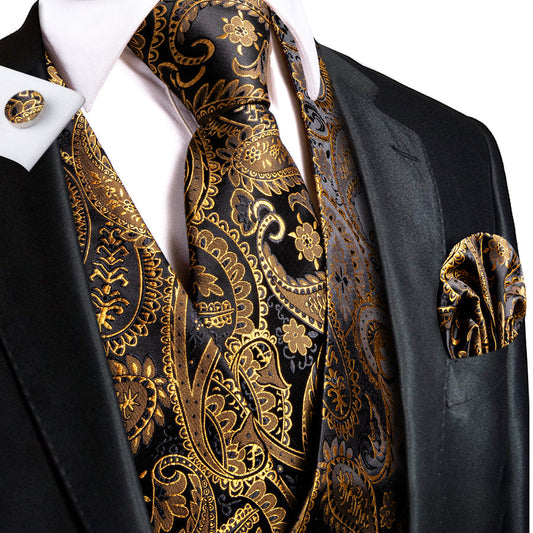 Black Golden Paisley Jacquard Silk Vest Set vest set S (Chest 40")   - Sophisticated Gentlemen
