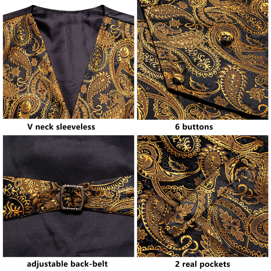Black Golden Paisley Jacquard Silk Vest Set vest set    - Sophisticated Gentlemen