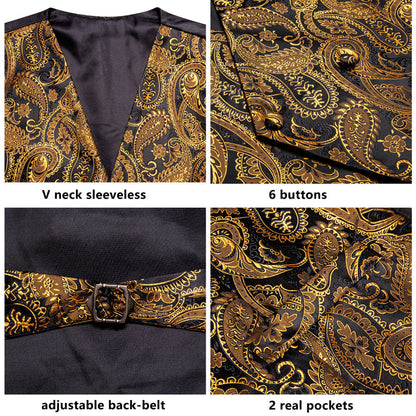 Black Golden Paisley Jacquard Silk Vest Set vest set    - Sophisticated Gentlemen