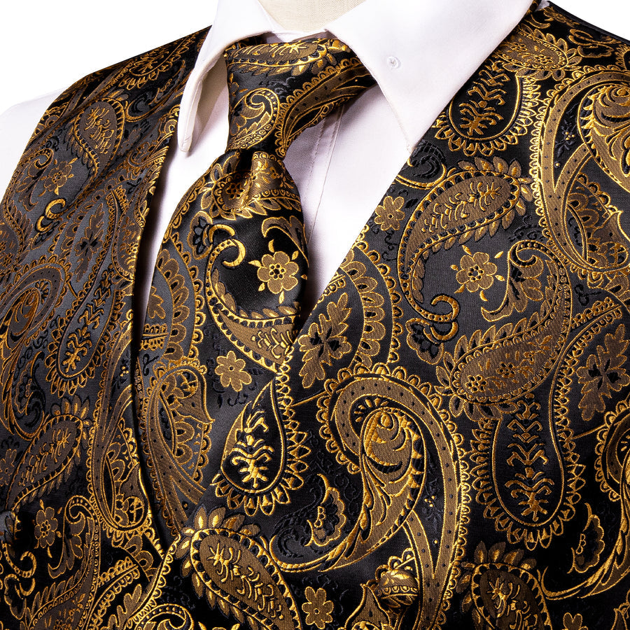 Black Golden Paisley Jacquard Silk Vest Set vest set    - Sophisticated Gentlemen