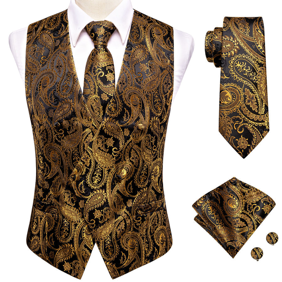 Black Golden Paisley Jacquard Silk Vest Set vest set    - Sophisticated Gentlemen