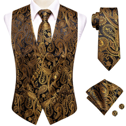 Black Golden Paisley Jacquard Silk Vest Set vest set    - Sophisticated Gentlemen