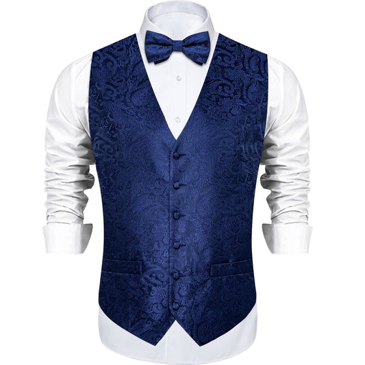 Navy Blue Paisley Silk Men's Vest Set vest set S (Chest 40")   - Sophisticated Gentlemen