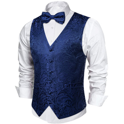 Navy Blue Paisley Silk Men's Vest Set vest set    - Sophisticated Gentlemen